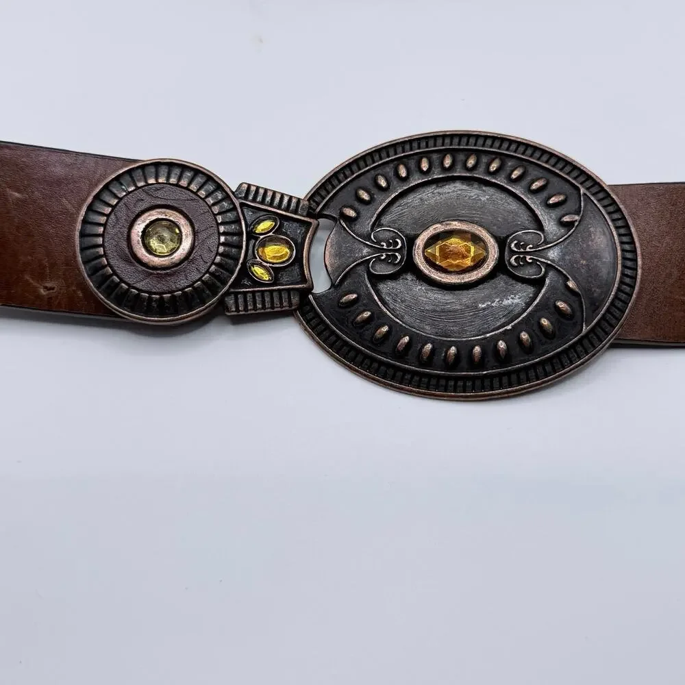 Chico’s Brown Leather Western Belt Small Embellished Buckle Adjustable Boho